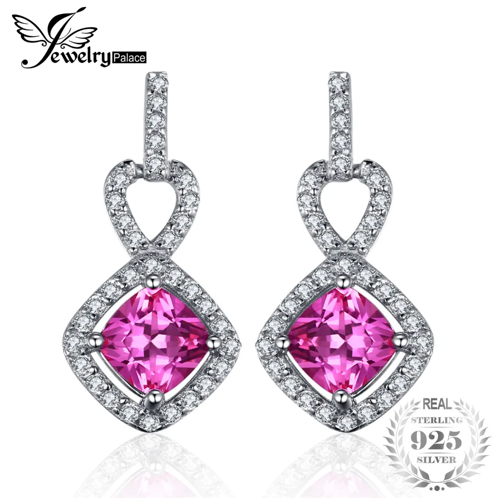 

JewelryPalace Cushion 1.7ct Square Created Pink Sapphire Drop Earrings 925 Sterling-Silver-Jewelry For Women Heart Fashion 2017