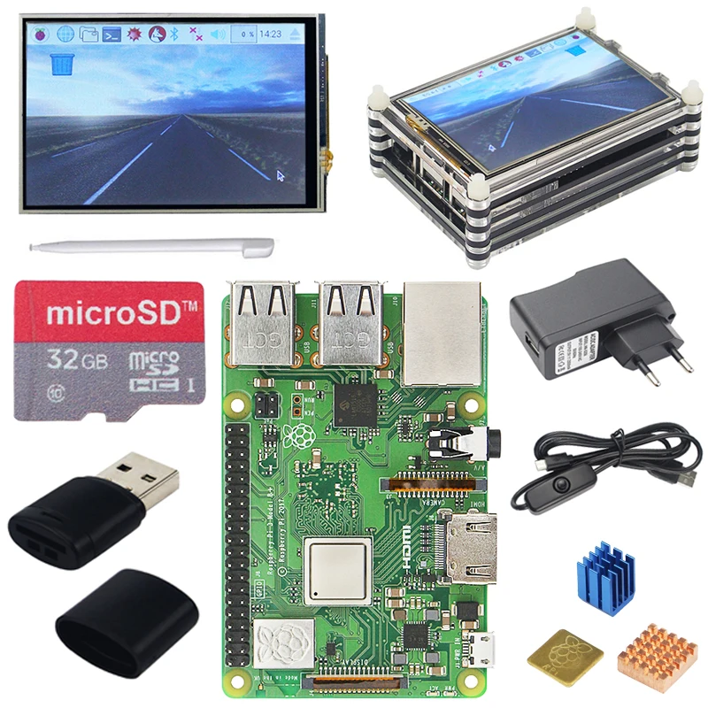 Günstig Original Raspberry Pi 3 Modell B + Plus UK Made Kit + 3,5 inch Touchscreen + Fall + Power + 32GB SD + HDMI + Kühlkörper + USB Kabel