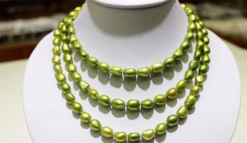 

FREE SHIPPING>>>@@ > long freshwater pearl necklace Olive Baroque 9x11mm 120cm metal clasp