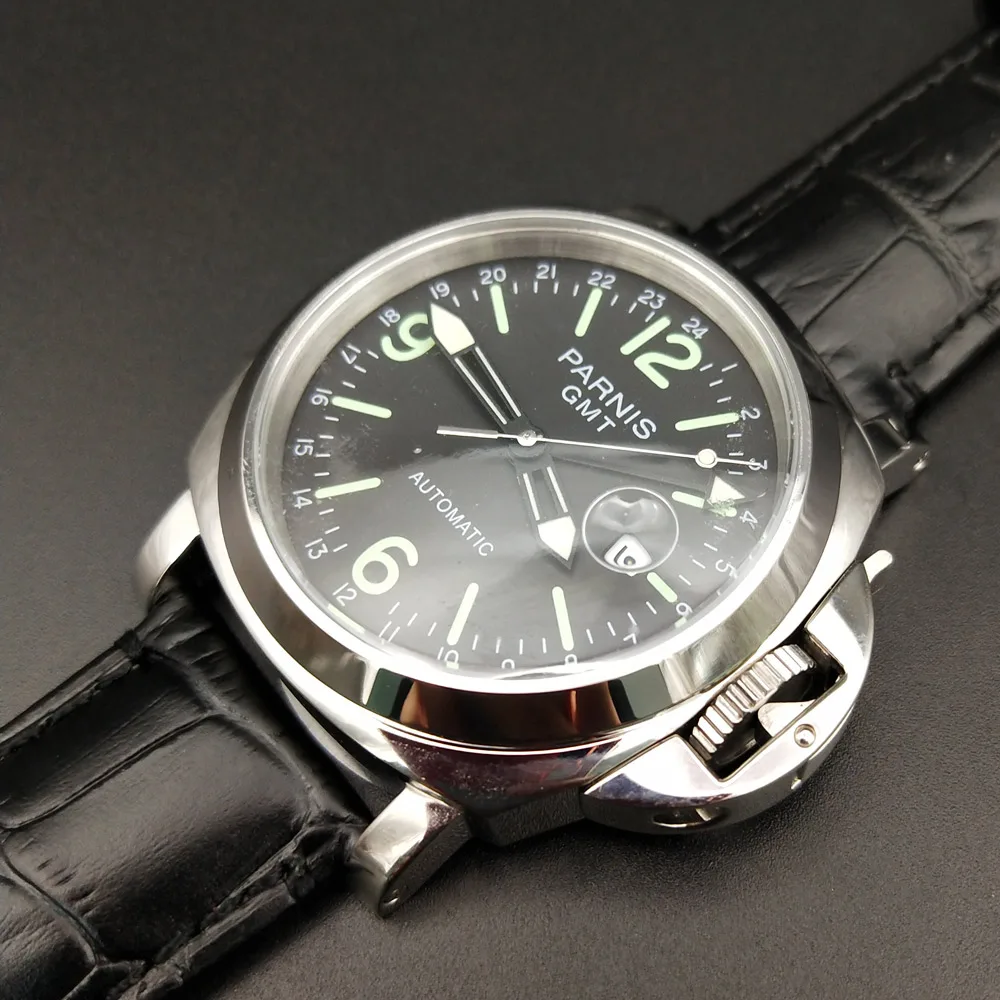 GMT parnis наручные часы с черным циферблатом автоматические часы 44 мм полированный чехол