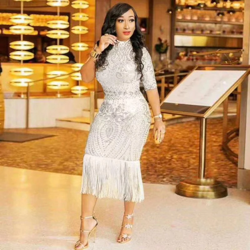 

2019 Latest Women Fashion High Quality White Sequin Dress Tassel Elegant O-Neck Short Sleeve Bodycon Celebrity Party Vestidos