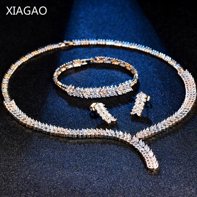 Xiagao Luxury Leaf Crystal Brides Jewelry Sets Gold Color Rhinestone Xiagao Luxury Leaf Crystal Brides Jewelry Sets Gold Color Rhinestone Necklace Earring Bracelet Wedding