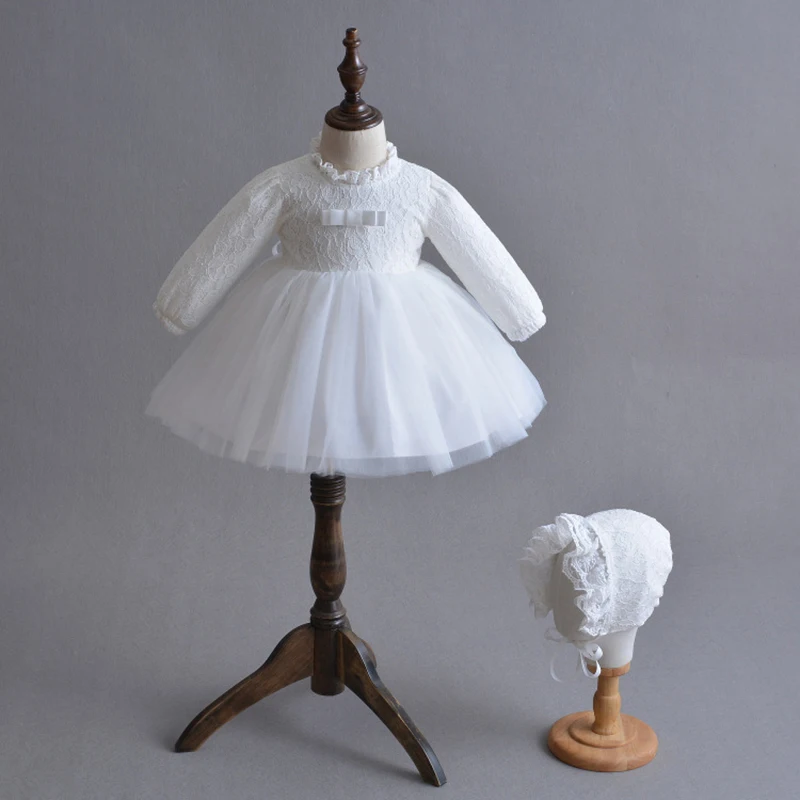 

Christening Dress Long Sleeve Tulle Baptism Dresses Set with Bonnet Hat/Crown Newborn Baby Embroidered Outfits A015 Vestidos