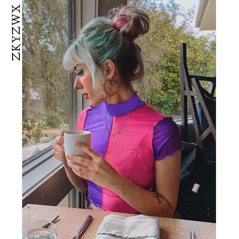 

ZKYZWX Sexy Mesh Short Sleeve T Shirt Summer Womens Party Club Wear Streetwear Patchwork See Through Transparent Crop Tee Tops