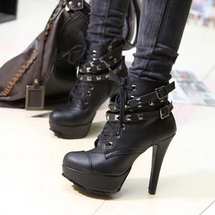 

Ladies Faux Leather Lace -Up Buckle Platform Studded Shoes High Heel Ankle Boots Black S205