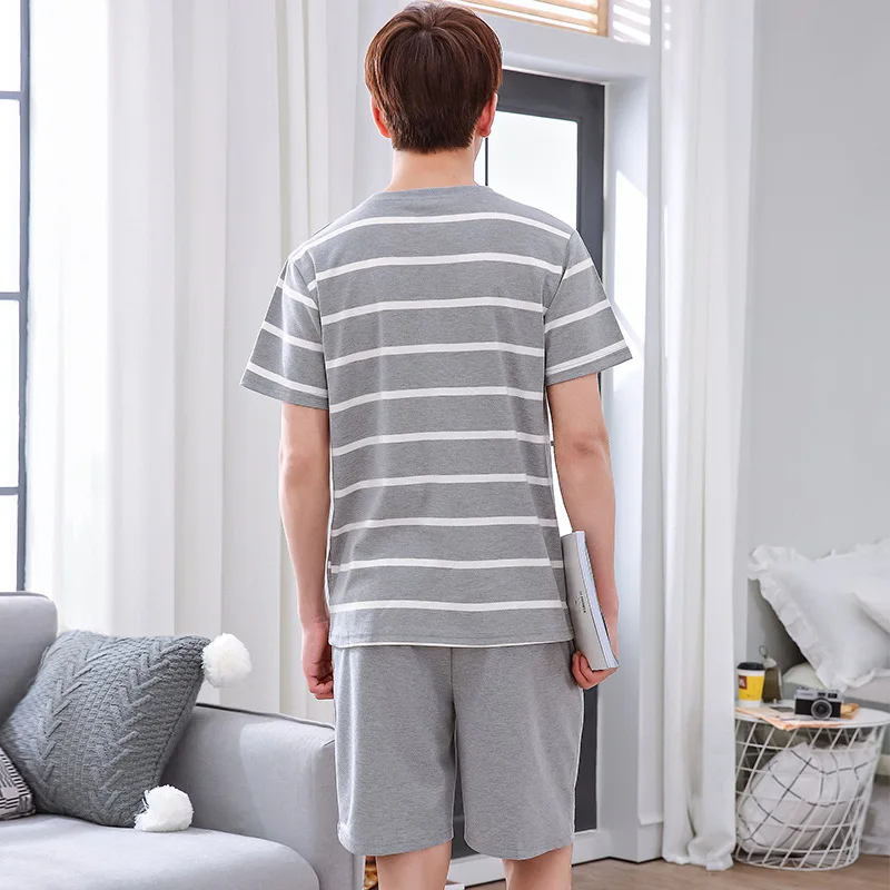 Новая летняя мужская пижама 100% хлопок мужской короткий рукав o-образным вырезом пижама в полоску для Для мужчин пижамы Домашняя одежда