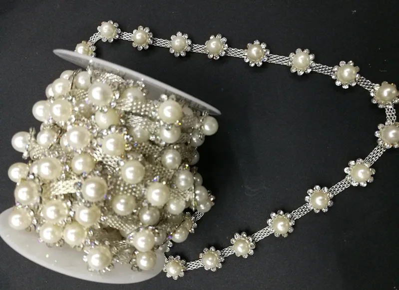 new hot 1 Yard 8mm Pearls Crystal Rhinestone Applique Strass Trims Silver Base Sewing Accessories free shipping | Дом и сад