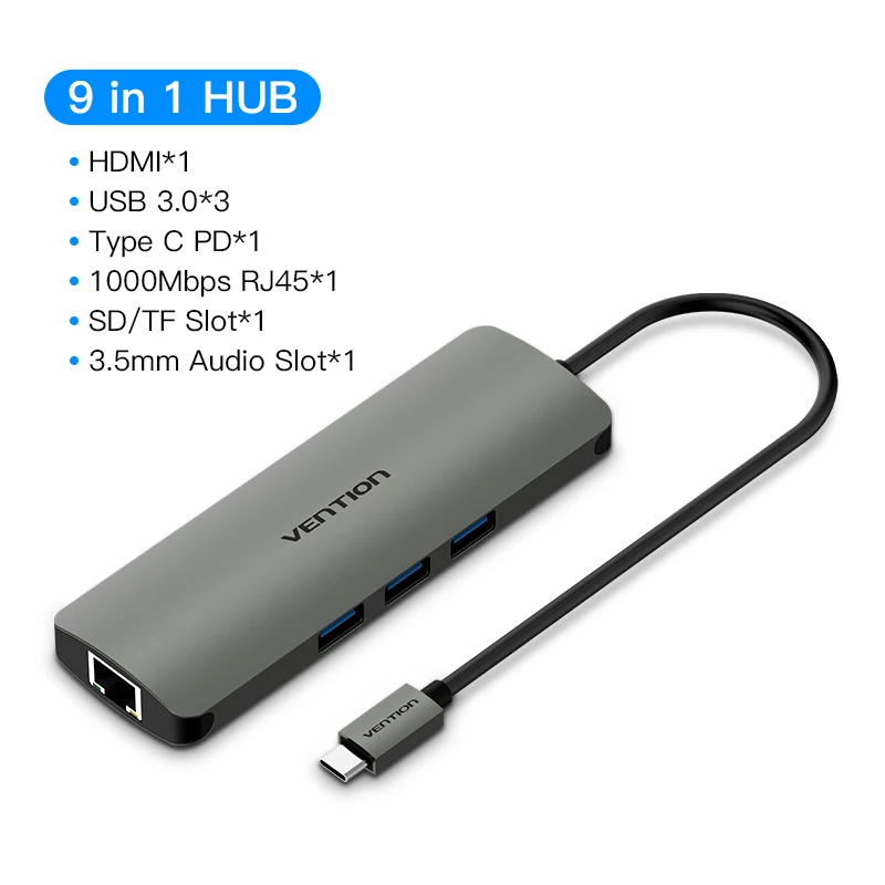 Vention USB-C концентратора Тип C концентратор USB 3,0 Thunderbolt 3 HDMI 3,5 мм аудио RJ45 адаптер для MacBook Pro samsung Galaxy S9 USB C концентратора - Цвет: 9 in 1 HUB