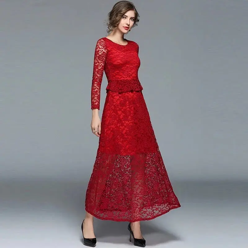 Europe Luxury Style Elegant Women 2018 Spring Lace A line Dress Banquet