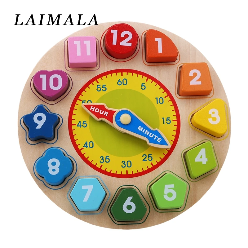 Wooden Toy Colorful 12 Numbers Clock Toy Digital Geometry Cognitive