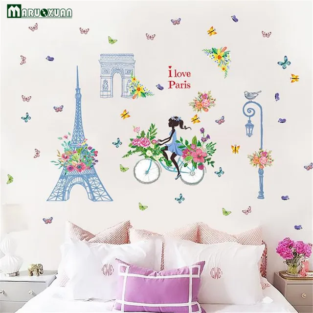 Maruoxuan París Torre Eiffel calle bicicleta flor chica pegatinas de
