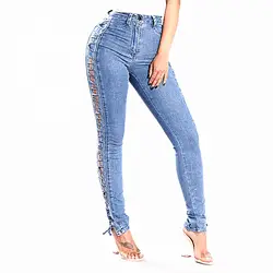 2019 новые женские прямые джинсы с ушками для женщин узкие брюки модные на шнуровке джинсы