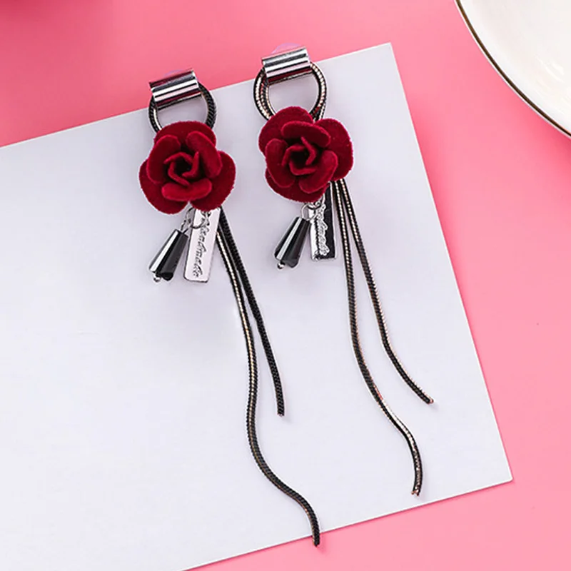 

Vintage Velvet Rose Flower Drop Earrings Long Tassel Crystal Dangle Earring for Women Wedding Jewelry Gift Pendientes Mujer Moda