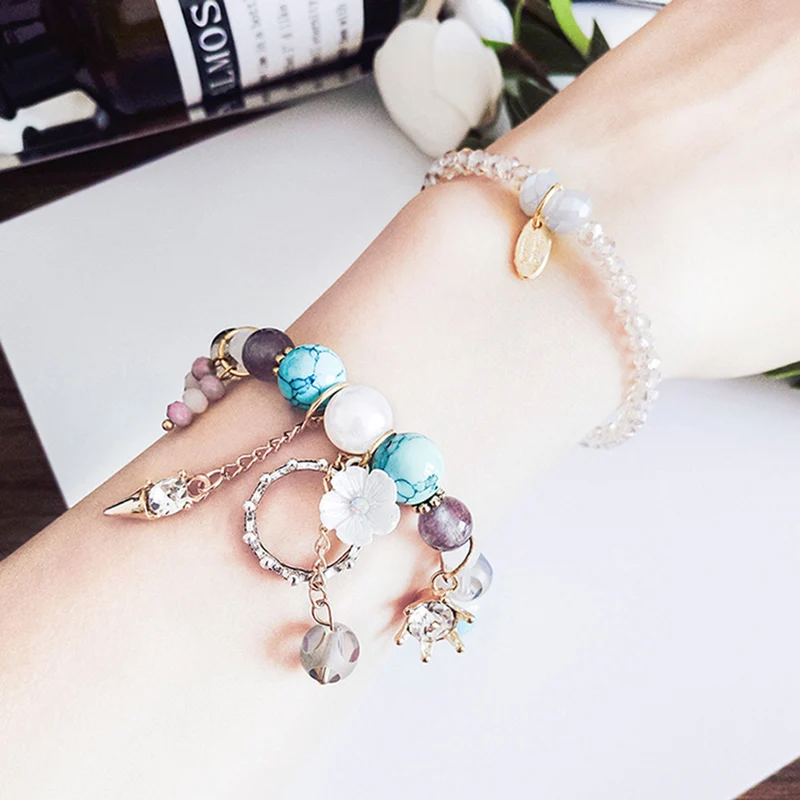 JZTOP Bohemia Beads Bracelets Crystal Crown Flower Pendant Bangles Double Layer Beaded Bracelet for Women Charm Jewelry Gift | Украшения и