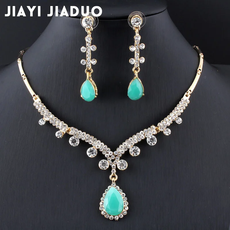 

jiayijiaduo Women bridal Wedding Jewelry Sets gold-color Water Drop Pendant Necklaces Earrings Sets Shininy bijoux femme