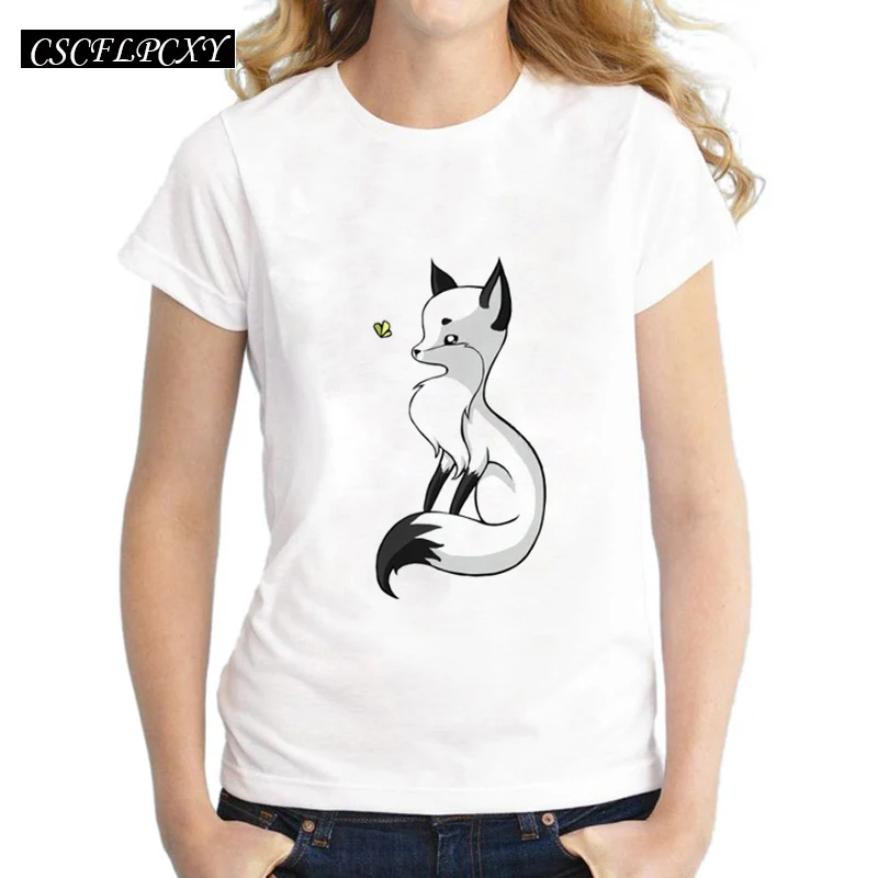 

Newest fashion Fox and a Butterfly design 2017 summer women printed t-shirt short sleeve casual lady tee tops