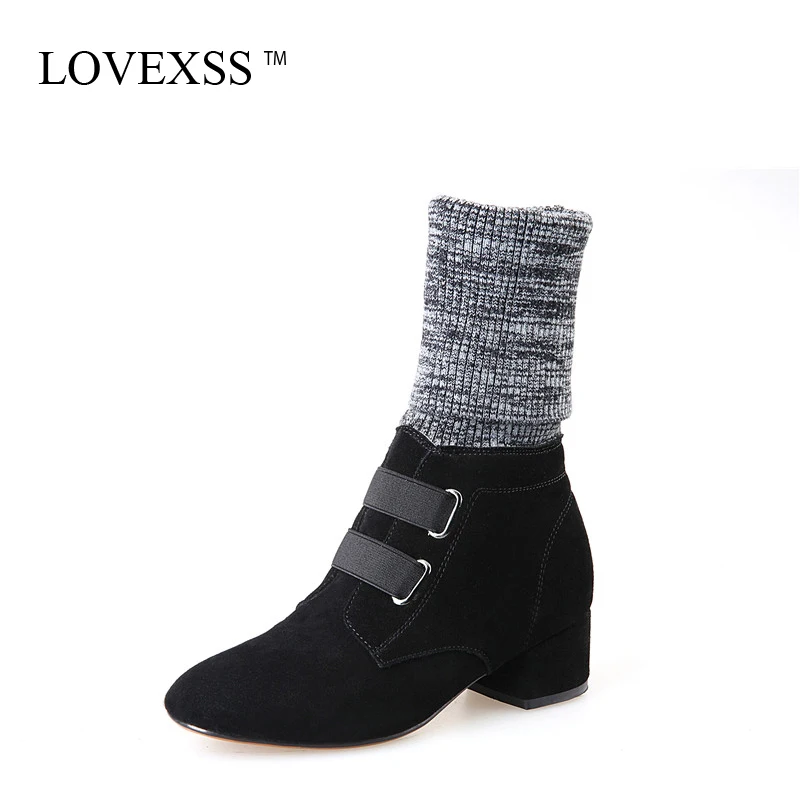 

LOVEXSS Woman Sock Boots Autumn Winter Buckle High Heeled Shoes Plus Size 32 - 43 Fashion Genuine Leather Ankle Boots Black 2017