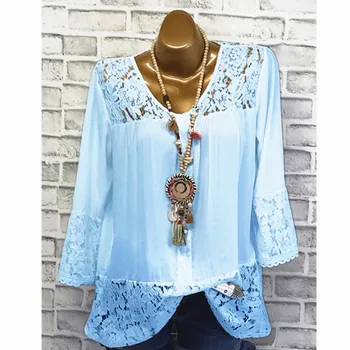 

Plus Size S-5XL Summer Autumn Solid T Shirt Women New Lace V-Neck T-shirt Woman Three Quarter Tee Tops Casual Female Clothing