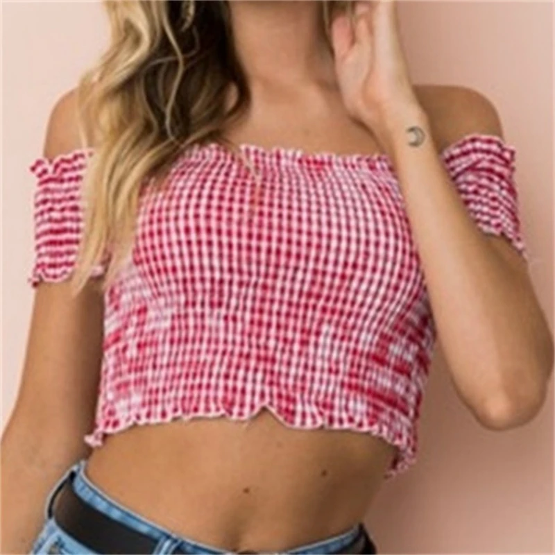 

New Off Shoulder T Shirt Women Cropped Top Short Sleeve Shirt Sexy Cotton T-shirt Backless Wrapped Pink Plaid Shirt Short Navel