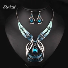 Модные свадебные комплекты ювелирных изделий, античное серебро, Кристальные капли воды, змеиная кожа, капает, массивное ожерелье, серьги, ювелирные изделия