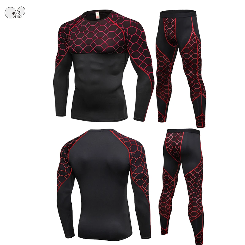 

Quick Dry Grid Printed Shirt+Tights 2Pcs Sport Suit 2019 Men Compression Running Set Sportswear Tracksuits Gym Fitness Rashguard