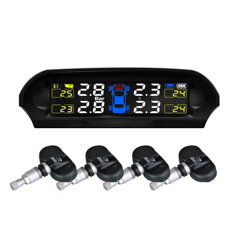 

Solar Power Supply TPMS Car Detector Tire Pressure Monitoring System with 4 External or Internal Sensors PSI/BAR Measurement