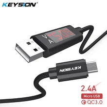 KEYSION 2.4A светодиодный цифровой кабель Micro USB для Xiaomi huawei samsung OPPO напряжение тока дисплей зарядное устройство данных Плетеный телефонный кабель