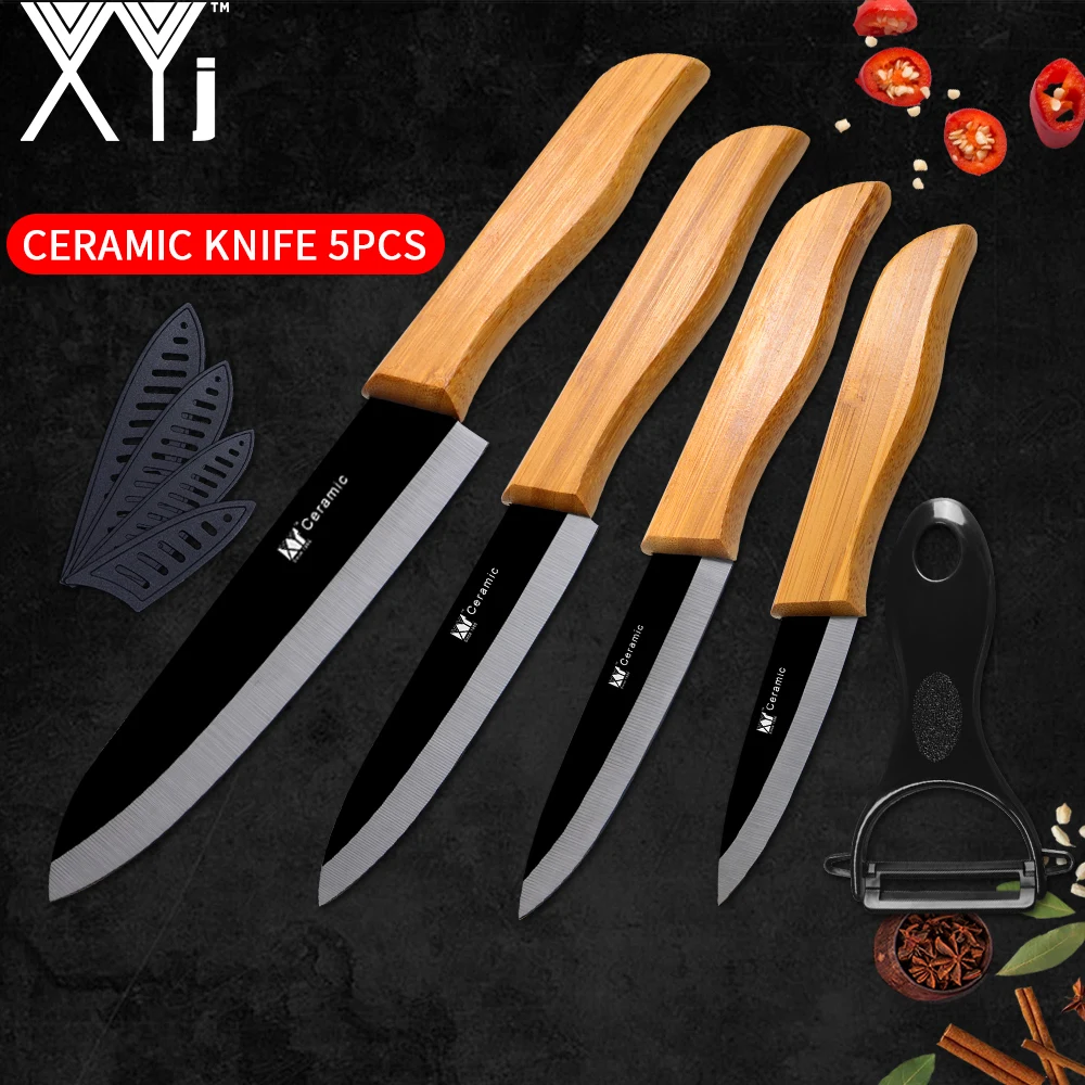 

XYj Ceramic Knives Ceramic Kitchen Knife Sets Black Blade Bamboo Handle 5 Pcs Sets 3 4 5 6 inch Cooking Knife With Peeler