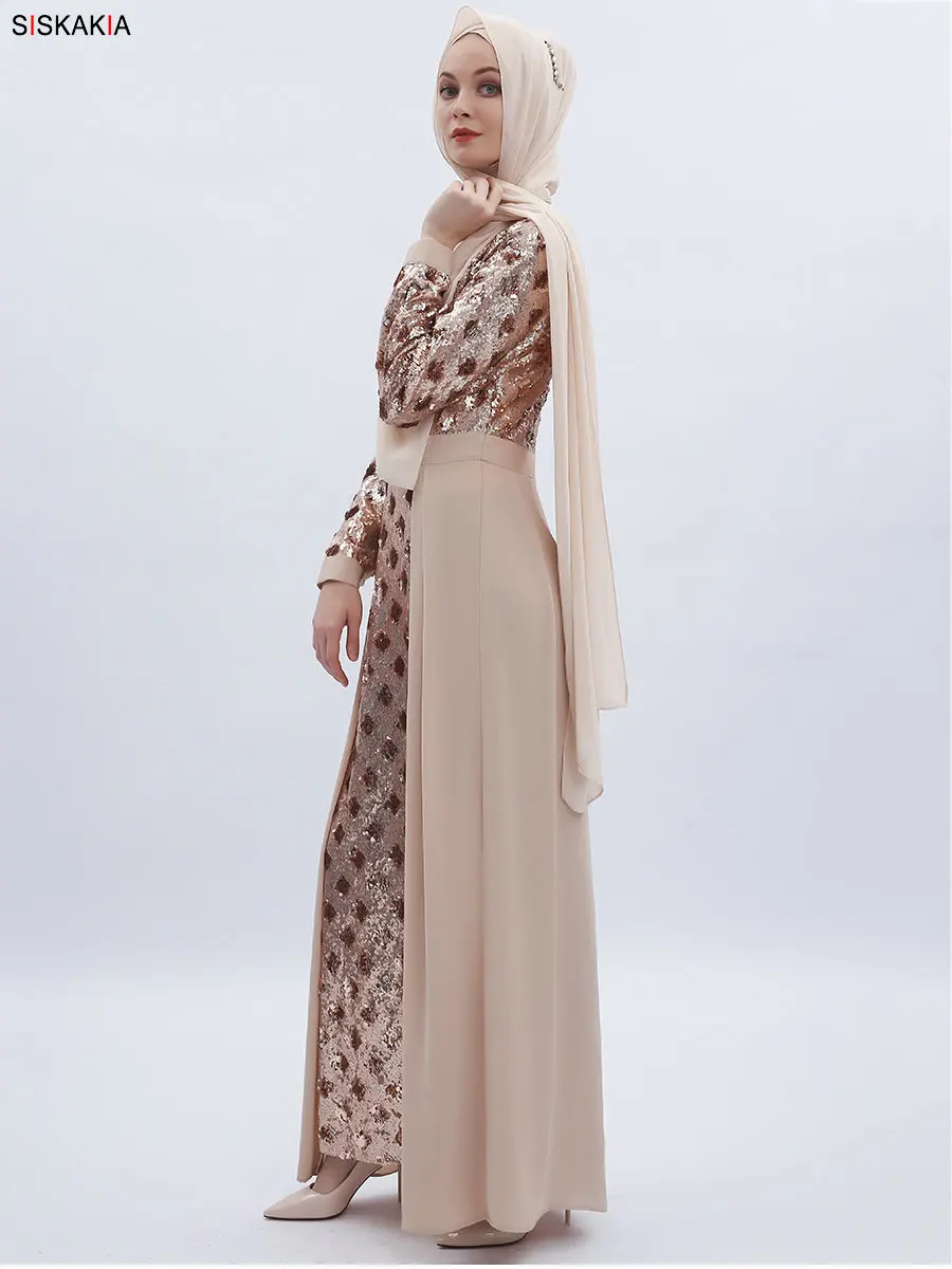 Siskakia Роскошная высокая плотность блесток вышивка лоскутное мусульманское длинное платье Дубайская модная абайя платье шампанское