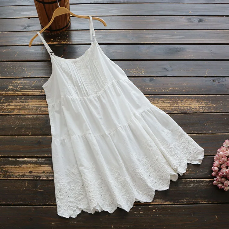 

5897 summer women embroidery sling dress Japan style mori girl Literary Cotton sleeveless O-Neck solid midi dresses women