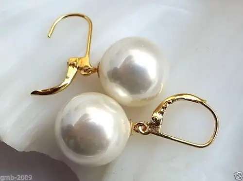 

12mm Genuine Natural White South Sea Shell Pearl 14KGP GP Leverback Earrings
