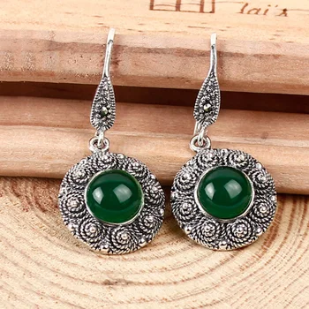 

Natural Black Green Stone Earring 925 Silver Women Vintage S925 Thai Silver boucle d'oreille Drop Earrings