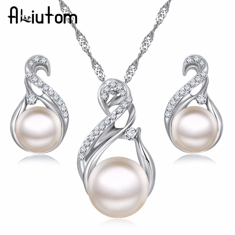 

ALIUTOM Trendy Jewelry Sets Wedding Silver Color Earrings Simulated Pearl Jewelry Set Women Necklace Set Bijoux collier brincos