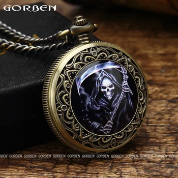 

New Bronze GORBEN Watch Skeleton Carving Skull Flame Death With Sickle Quartz Pocket Watch Fob Chain Necklace With Gifts Box
