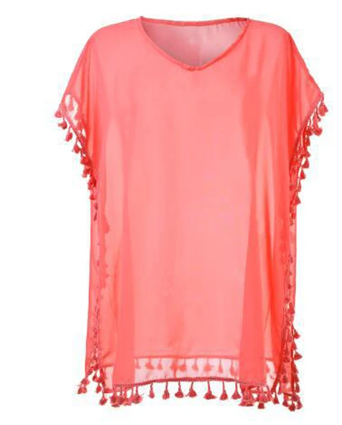 Summer Women Ladies Bikini Cover Up Bathing Suit Tassel Chiffon Solid Short Beach Dress V-neck Swimwear