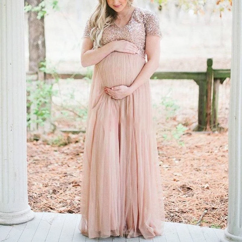 

Polyester Dress Women Sequin Mesh Maternity Evening Party Long Gown Dress