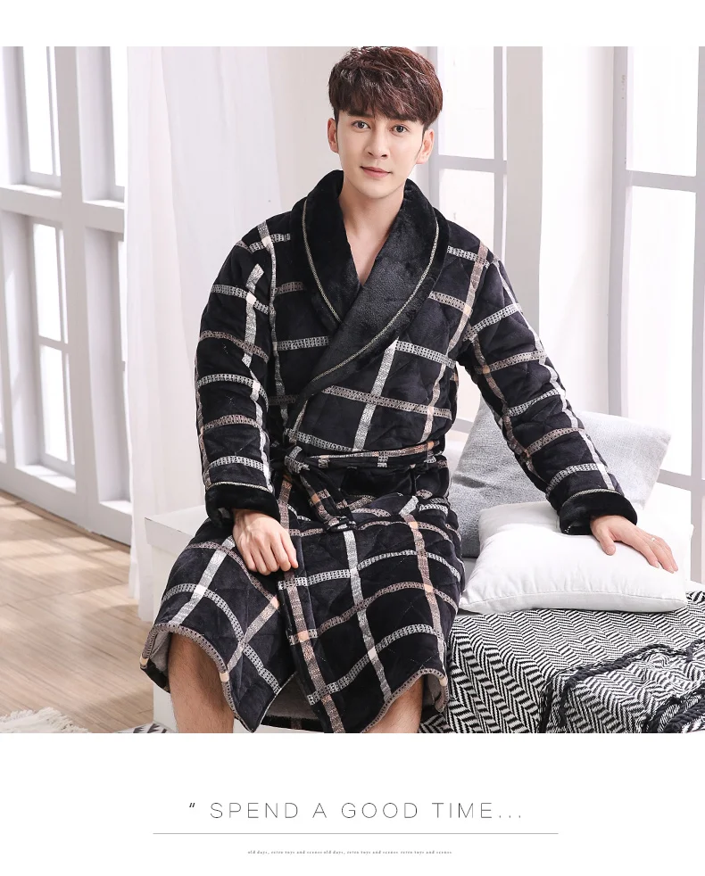 Для мужчин зимние 3 слоя кораллового цвета Feece стеганый Халат плед кимоно с длинными рукавами банный халат Повседневное Домашняя одежда мужской спа; одежда для сна