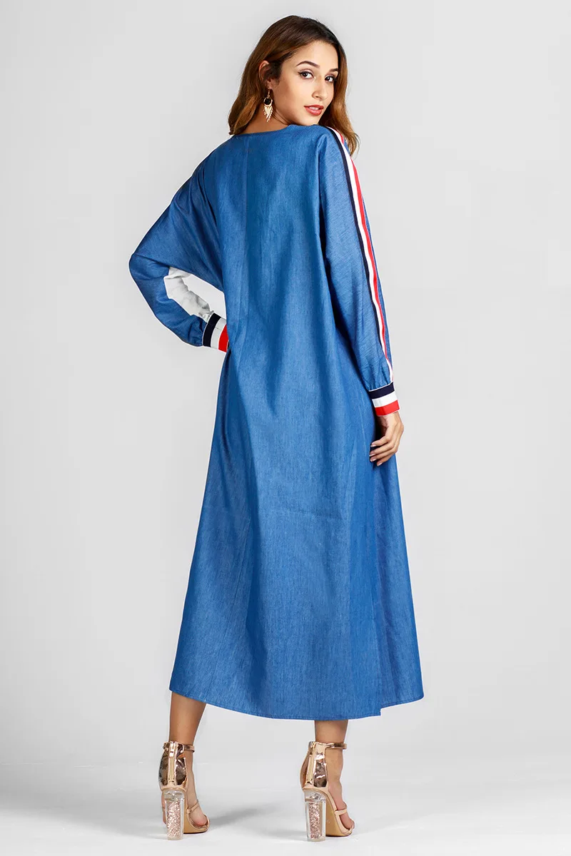 LORDXX мода исламская халат контраст Цвет Для женщин Dubai мусульманский Абаи Длинные платье из джинсовой ткани Турции Малайзии турецкий кафтан
