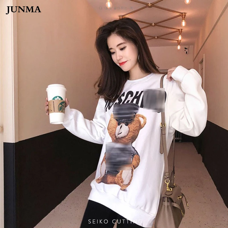 

Letter Harajuku Casual Coat 2018 Winter Fleece White Pullover Bear Print StreetwearThick Loose Women Hoodies Sweatshirt Female