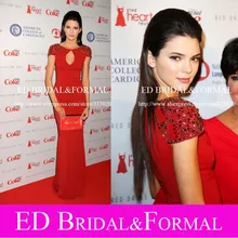 Kendall Jenner Kleid Kristall Perlen Kurzarm Chiffon Red Long Ausgestattet Rot Abendkleid Keyhole Ausschnitt Formal Abendkleid