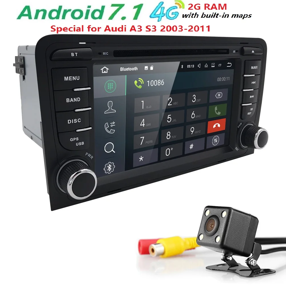 Excellent 7" Car Radio Android 7.1 GPS Head unit for Audi A3/S3 2003 2004 2005 2006 2007 2008 2009 2010 2011 Navigation 2 Din DAB+/4G/WIFI 3