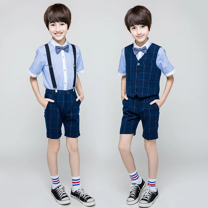 

Summer Fashion England Striped Boys Shirts+Shorts 4pcs Clothing Set Suit Boys 2019 Flower Boy Kids Clothes RKS194011