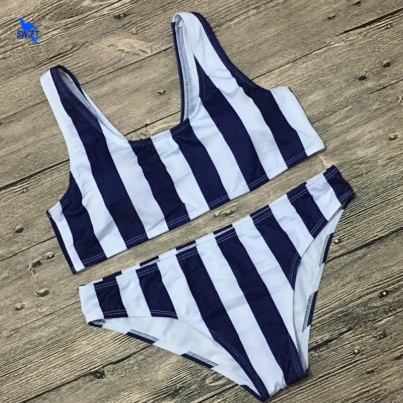 

Biquini 2018 Dark Blue Striped Swimsuit Women Triangle Padded Bikini Set Push Up Bathing Suit Summer Beach Swimwear Beachwear