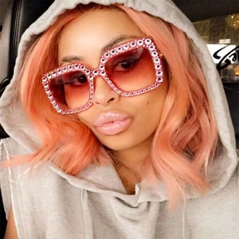 

CCSPACE Ladies Diamond Crystal Pink Sunglasses For Women Big Frame Sqaure Glasses Italy Brand Designer Eyewear Shades 45195