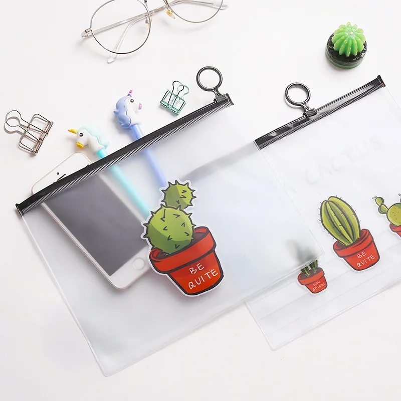

1132 cute cartoon cactus translucent A5 file bag large capacity data zipper test bag Filing Products