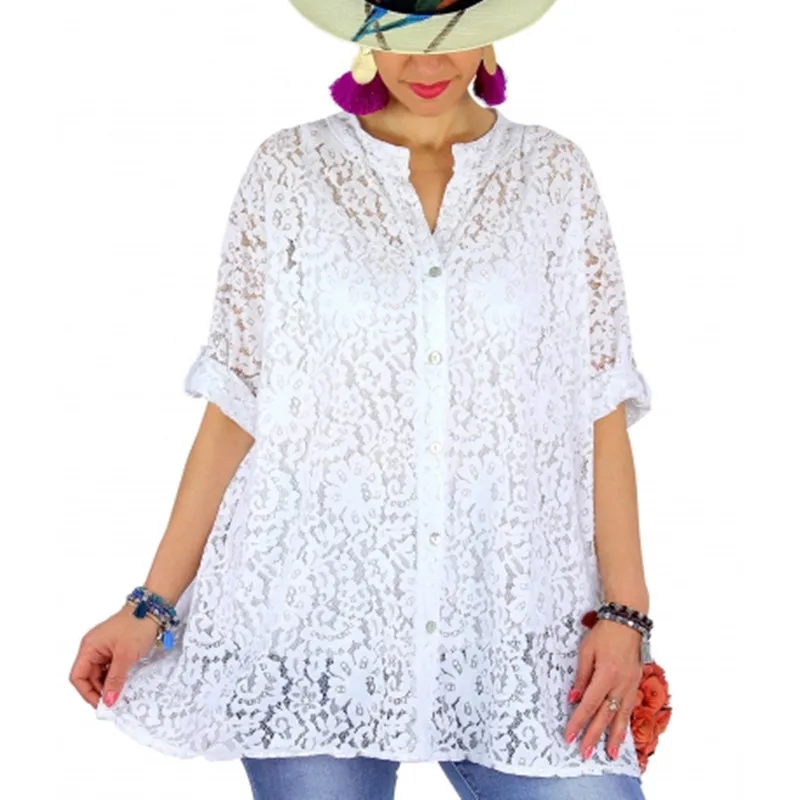  Large size women's blouse 2019 new openwork flower lace sleeveless shirt S-5XL