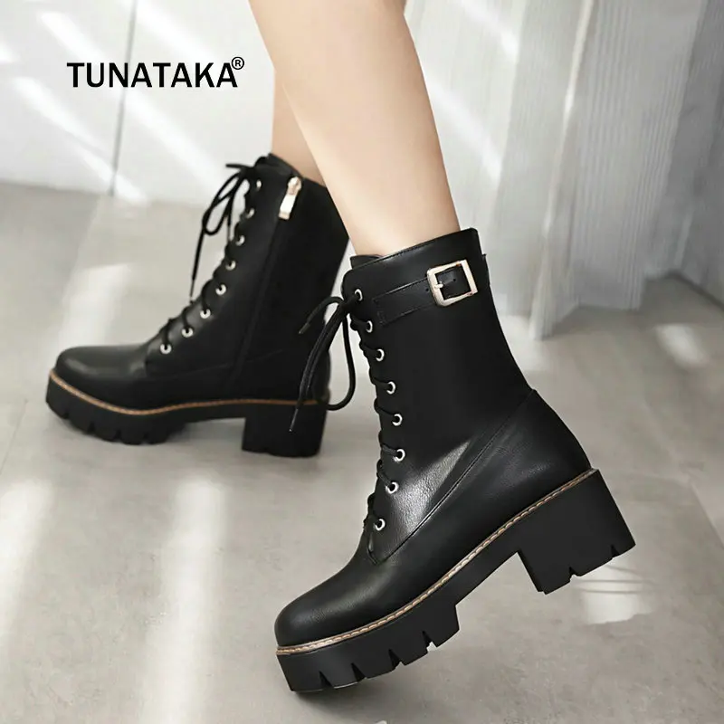 

Women Lace UP Comfort Thick Heel Platform Martin Boots Fashion Zipper Ankle Boots Female Round Toe Buckle Fall Winter Shoes
