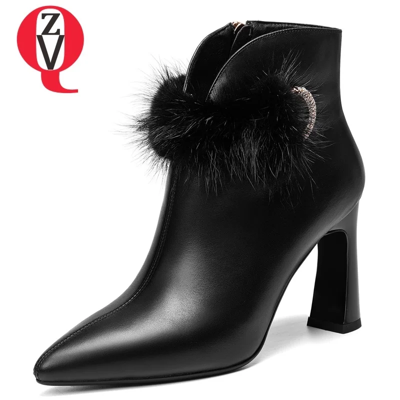 

ZVQ 2018 new fashion fur decoration pointed toe super high square heel zip winter warm women ankle boots genuine leather shoes