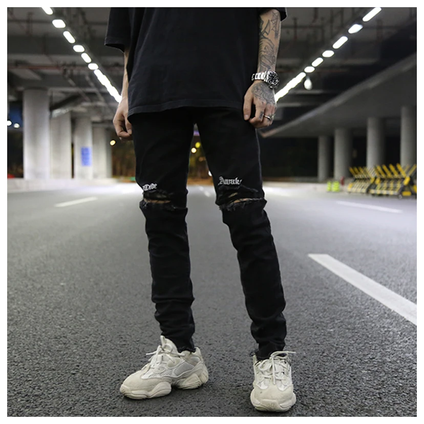 Мужские рваные джинсы с вышивкой и дырками в стиле хип-хоп, обтягивающие байкерские рваные джинсы, облегающие черные джинсовые штаны, новинка