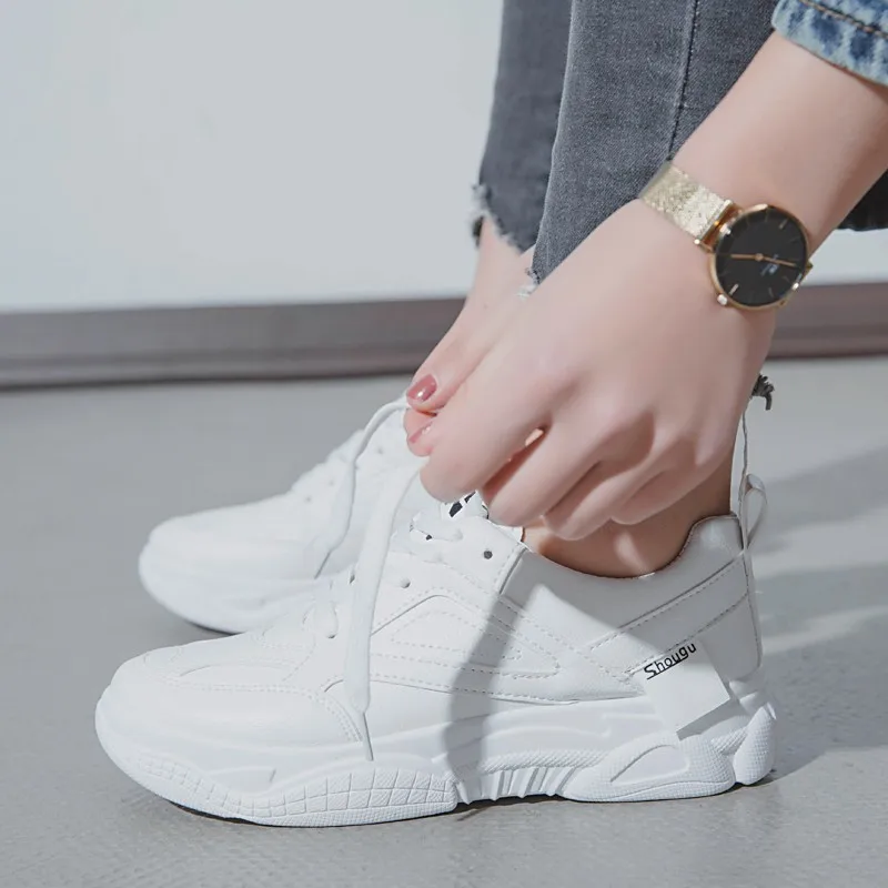 

QWEDF Women's Chunky Sneakers 2019 Fashion Women Platform Shoes Lace Up White Vulcanize Shoes Womens Female Trainers D4-04